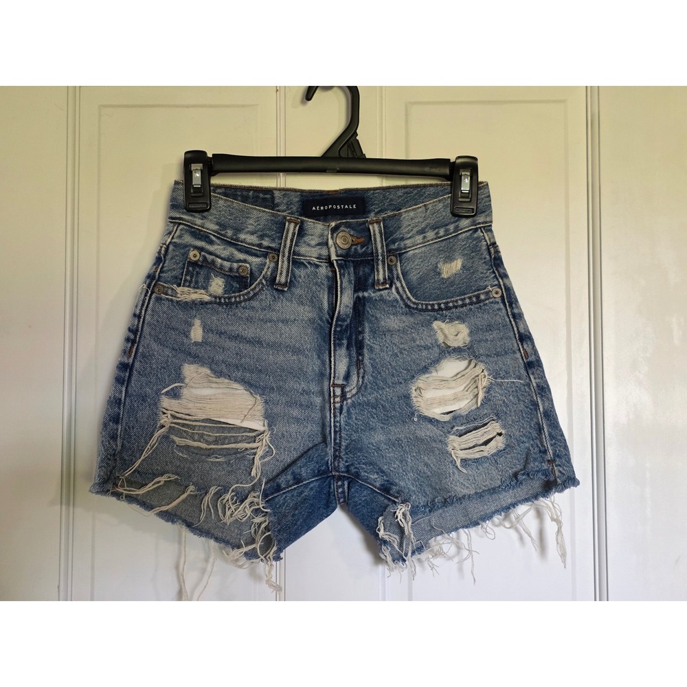 Aeropostale 90s High Rise Cut-Off Distressed Denim Shorts Light Wash Blue Sz 000